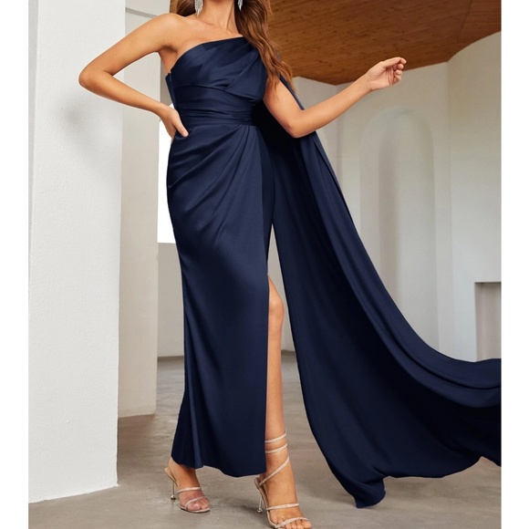 Luxe Navy Blue Satin One Shoulder Ruched Split Hem Formal Party Wedding Dress - Picture 1 of 13